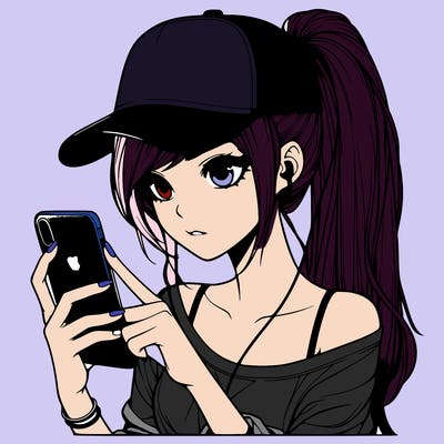 realistic girl with a long ponytail and trucker hat holding an iphone
