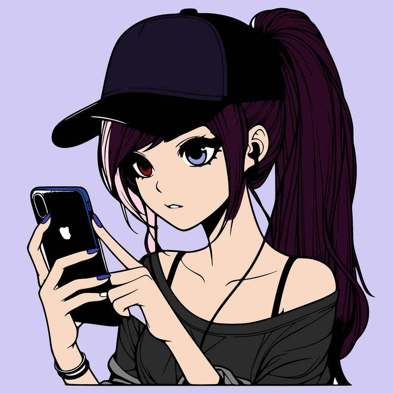 realistic girl with a long ponytail and trucker hat holding an iphone
