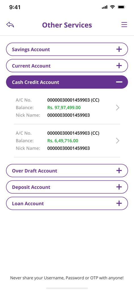 Yono Business SBI - Yono Business SBI mobile app screen showing a list of business accounts including savings current and cash credit with their respective balances