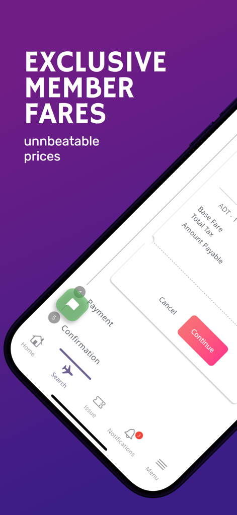 Ticket Gadget - Ticket Gadget mobile app screen displaying exclusive member fares and flight booking details