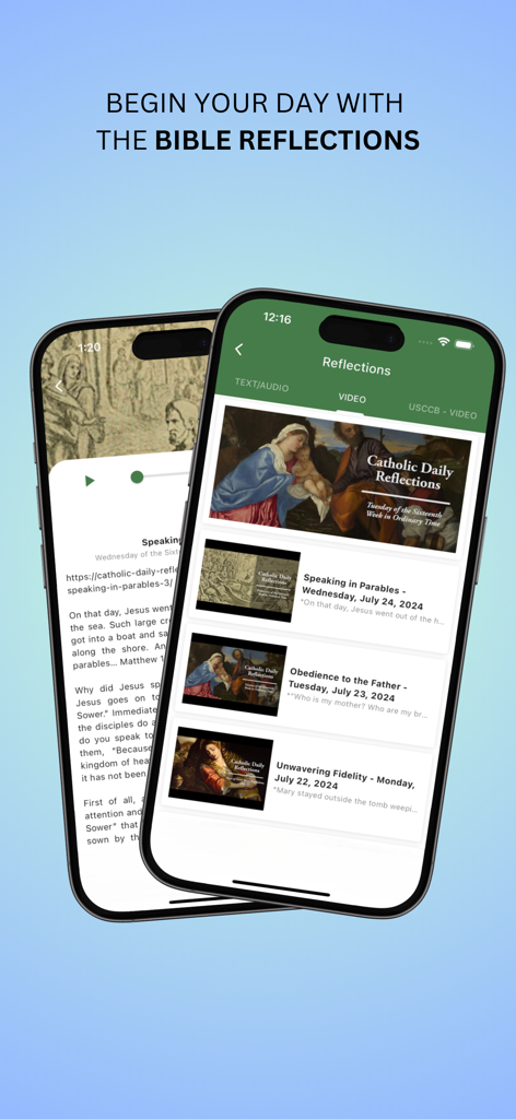 Catholic Daily Mass Reading - Two smartphones displaying daily Catholic Bible reflections with video and audio options