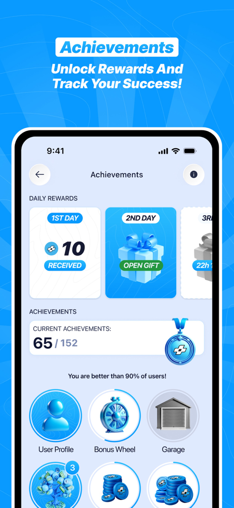 LMCT plus app achievements dashboard showing daily rewards and user progress tracking