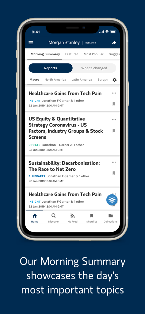 Morgan Stanley Research - Morgan Stanley Research mobile app interface displaying the daily Morning Summary of financial reports and investment insights