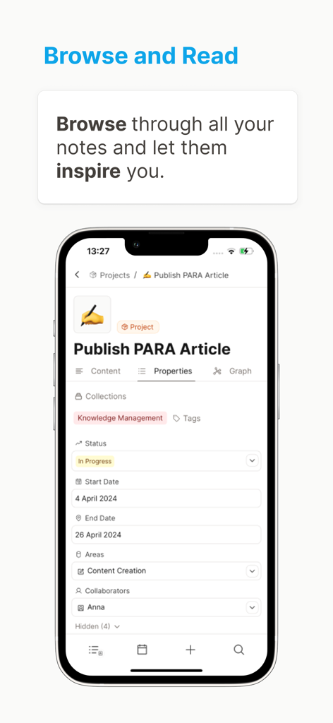 Capacities – Notes & PKM - Capacities mobile App-Oberfläche, die die Eigenschaften eines PARA-Artikels zeigt