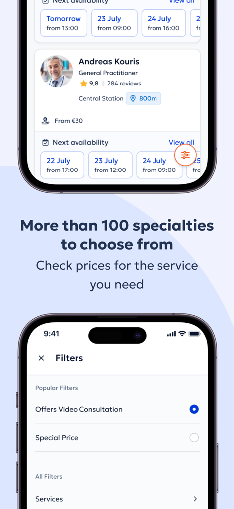 Doctoranytime - Doctoranytime app screens showing a doctor profile with ratings and availability plus a search filters menu