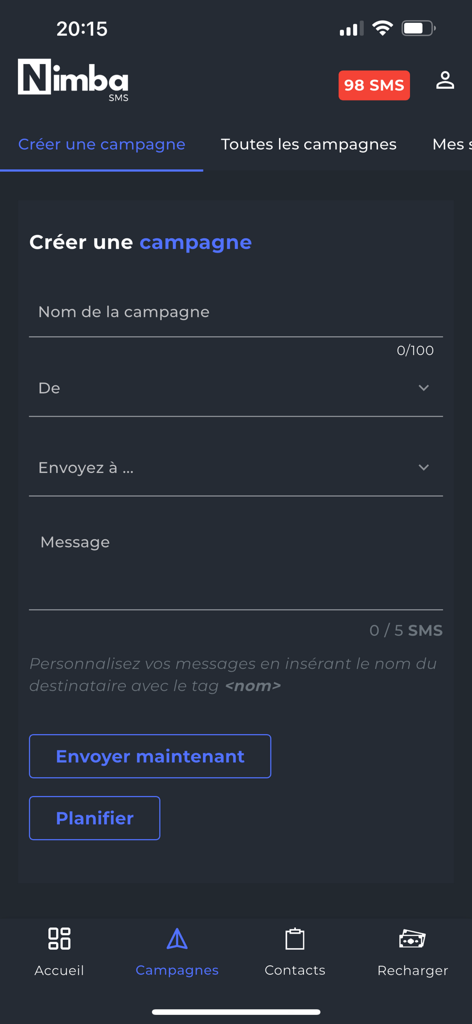 Nimba SMS - Nimba SMS app interface for creating and scheduling bulk text message campaigns