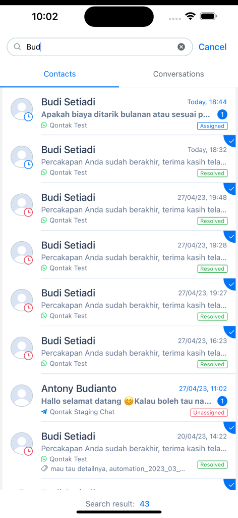 Mobile screen of Qontak Chat app displaying search results for contacts with status labels such as Assigned Resolved and Unassigned