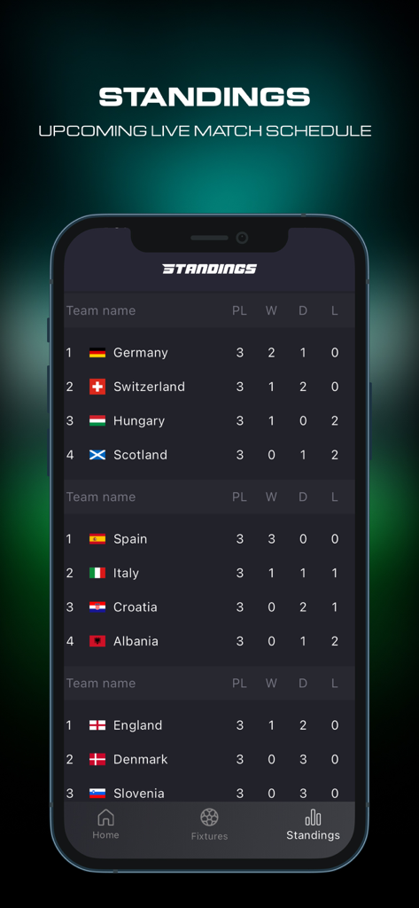 Live Football TV: Streaming HD - Interface of the Live Football TV app displaying current international team standings and match stats