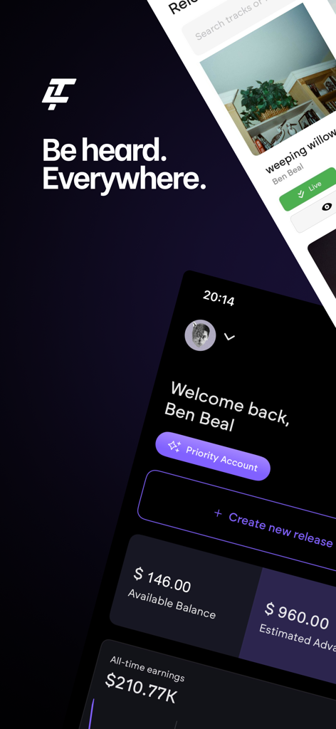 Too Lost: Music Distribution - Tableau de bord de l'application mobile Too Lost montrant les fonctionnalités de distribution musicale et les revenus d'artistes pour Ben Beal