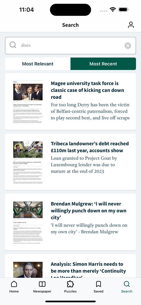The Irish News Digital Edition - Search results interface in The Irish News app showing several news articles and headlines.