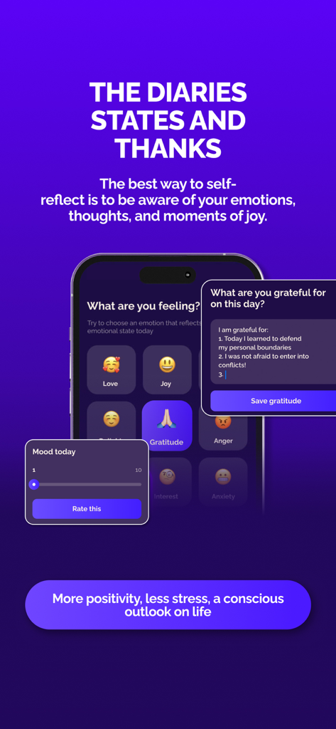 Interfaz de la aplicación AB.MONEY que muestra un rastreador de estado de ánimo con emojis y una sección de entrada de diario de gratitud
