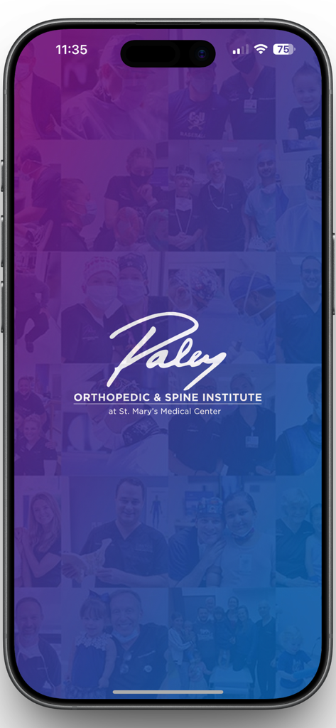 The Paley Orthopedic & Spine - Pantalla de inicio de la aplicación The Paley Orthopedic and Spine Institute que muestra el logotipo sobre un collage de pacientes y profesionales médicos.