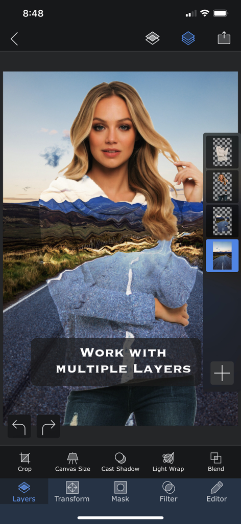 Superimpose X - Superimpose X app interface showing a photo being edited with multiple layers and blending tools