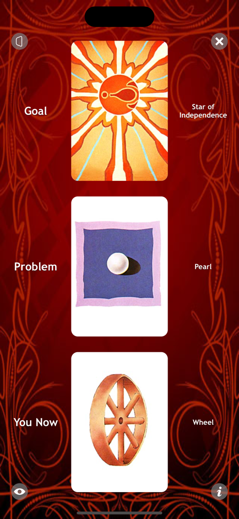 Star Journey - Star Journey app interface showing a three-card symbol reading for Goal, Problem, and You Now.