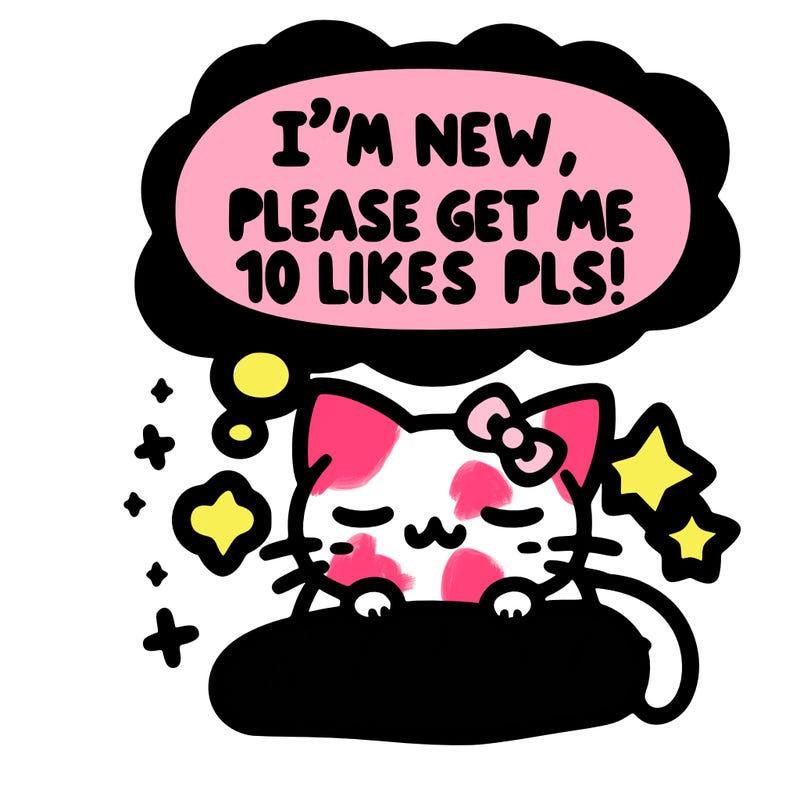 kitty taking a nap dream talking and saying "i'm new, please get me at least 10 likes pls!!"