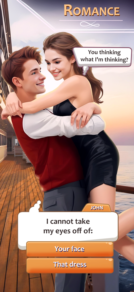 夕日を背にした船上で、カップルが登場するDecisionsアプリのロマンチックな会話選択シーン