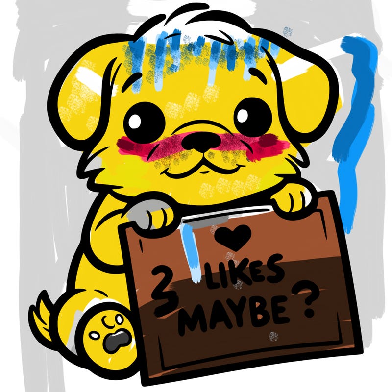 a puppy holding a sign that says 2 likes maybe?