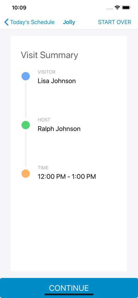 Lobbytrack Lobby app showing a visit summary with visitor name host and scheduled time
