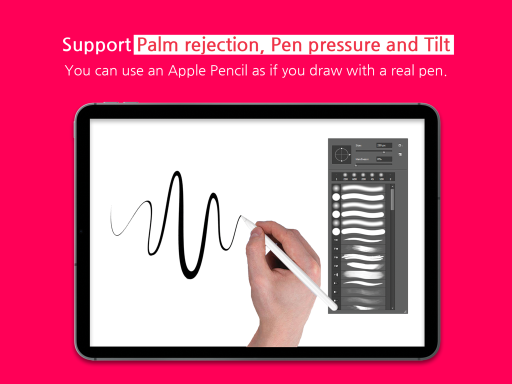 EasyCanvas -Graphic tablet App - iPad-Bildschirm mit Zeichenfunktionen, einschließlich Handballenunterdrückung, Stiftdruck und Neigung mit Apple Pencil