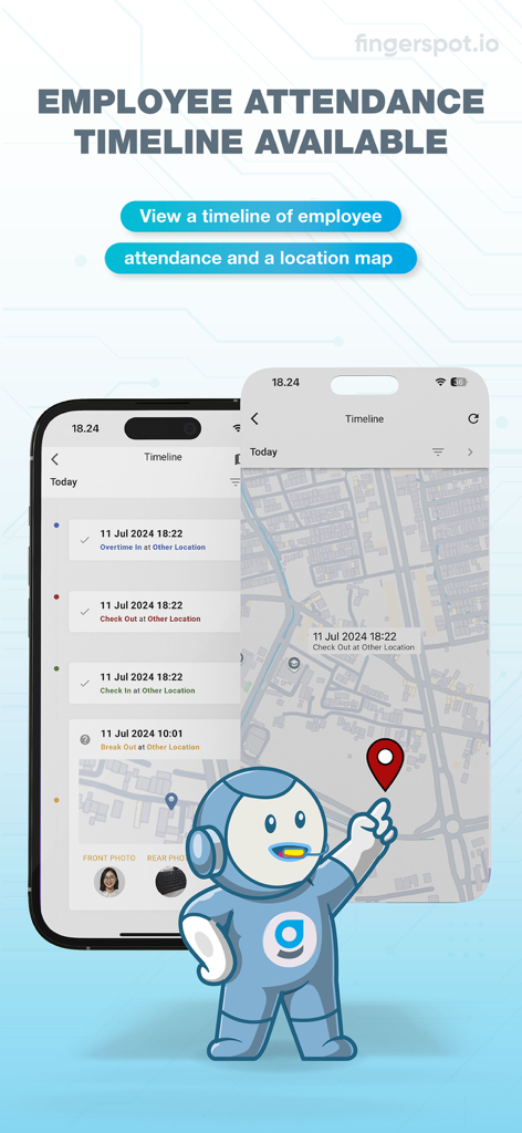 A mobile app interface showing an employee attendance timeline and a GPS location map