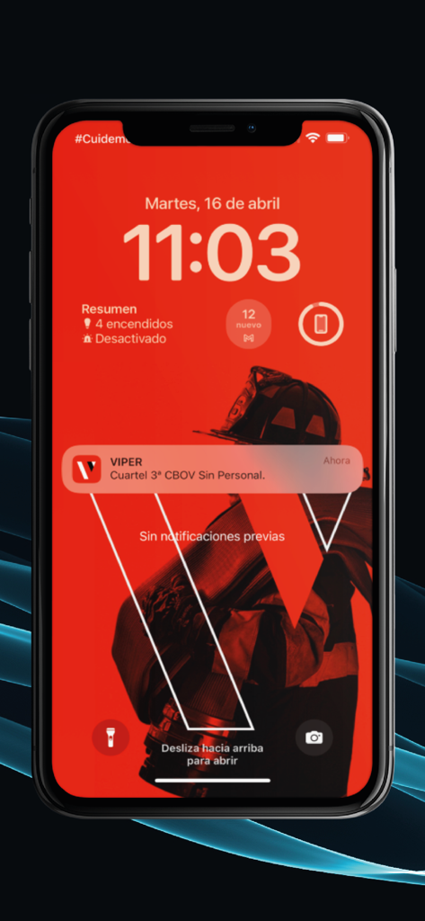 VIPer - Notificación de alerta de emergencia de la aplicación VIPer en la pantalla de bloqueo de un iPhone con un fondo de bombero
