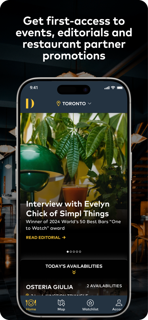 DINR app screen displaying restaurant editorials and last-minute reservation openings.