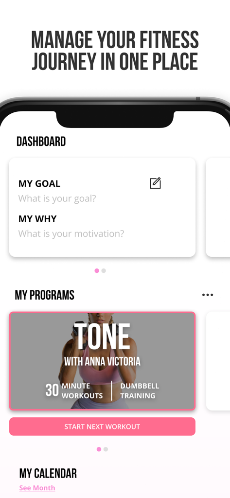 Bodylura-App-Dashboard mit Fitnesszielen, persönlicher Motivation und dem 30-minütigen Tone-Workout-Programm mit Anna Victoria