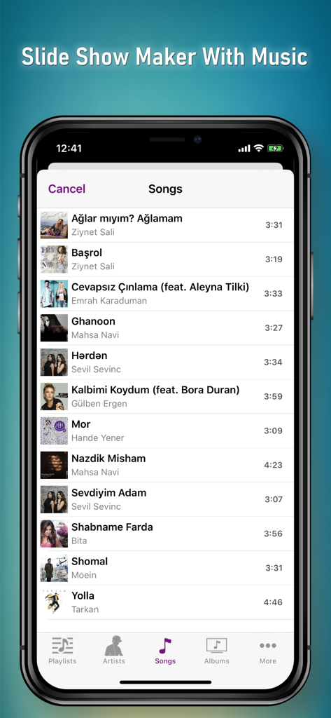 利用可能な曲のリストを表示するSlide Show Makerアプリの音楽選択画面。