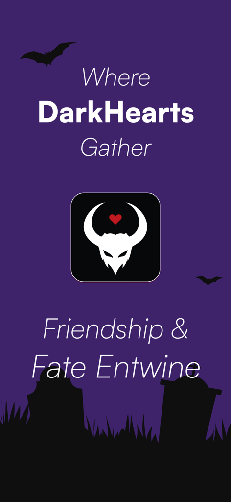 DarkHeart: Goth Dating App - DarkHeart Goth Dating App splash screen featuring the logo, bats, and a graveyard silhouette on a purple background