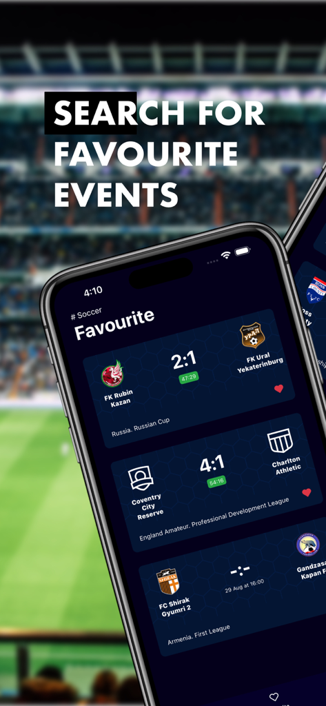 BMaster Sports - Mobile app screen showing favorite soccer matches and live scores