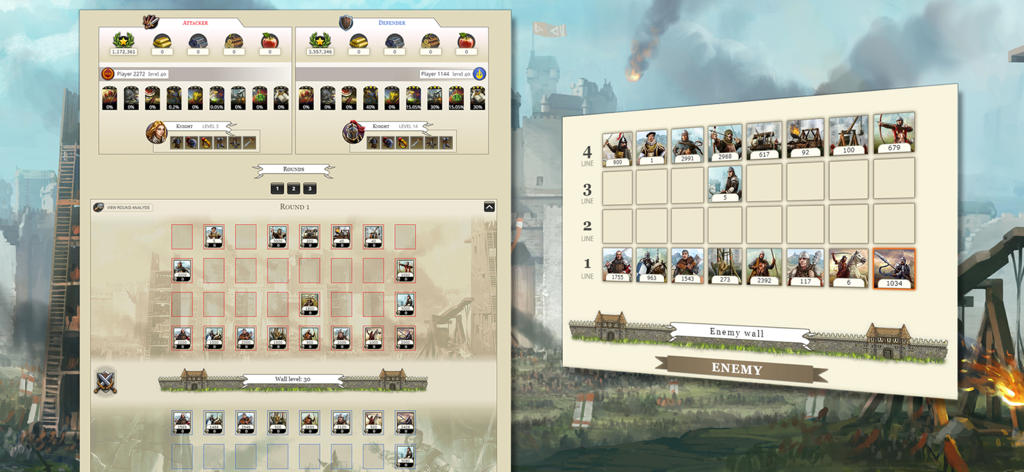 A detailed battle screen in Khan Wars showing tactical unit placement and round analysis