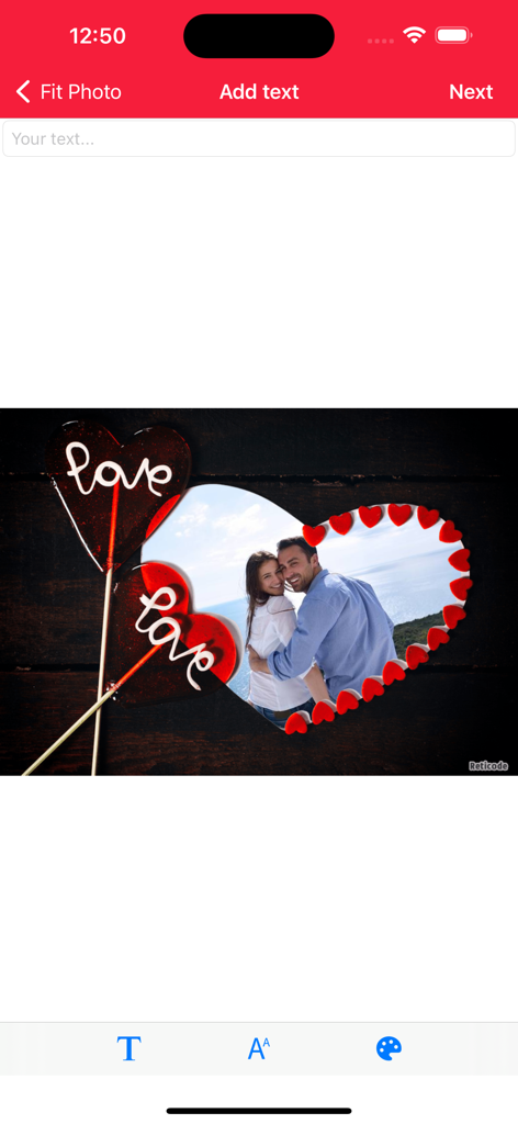 Love Photo Frames & Collage - A romantic couple photo inside a heart frame being edited with the add text tool