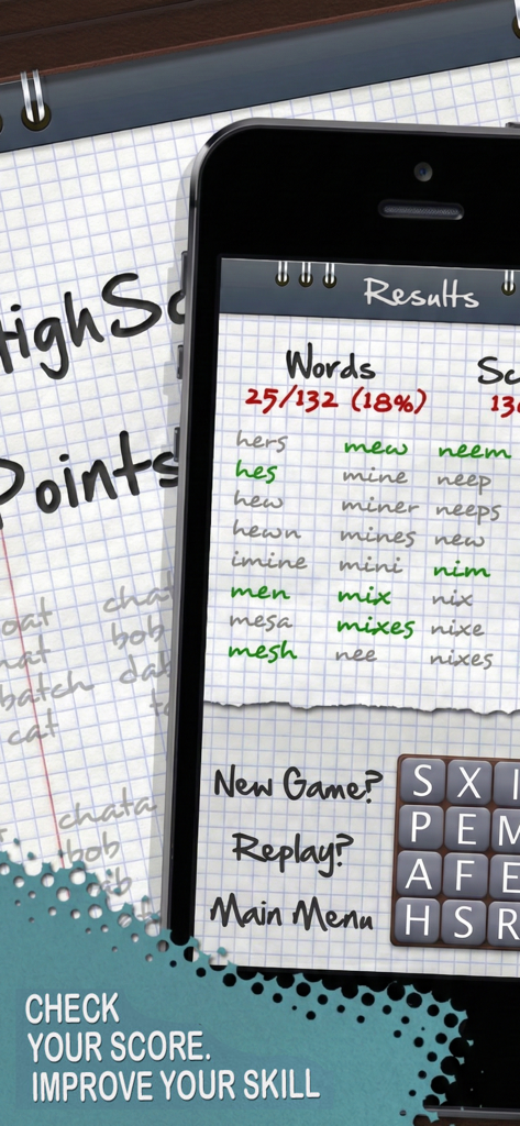 Wordly® - Results screen of the Wordly word puzzle app showing a list of found and missed words on a notebook paper background.