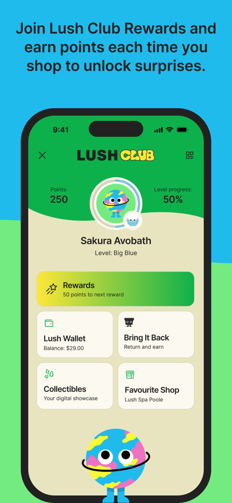 Lush Club rewards interface showing points balance level progress and recycling benefits