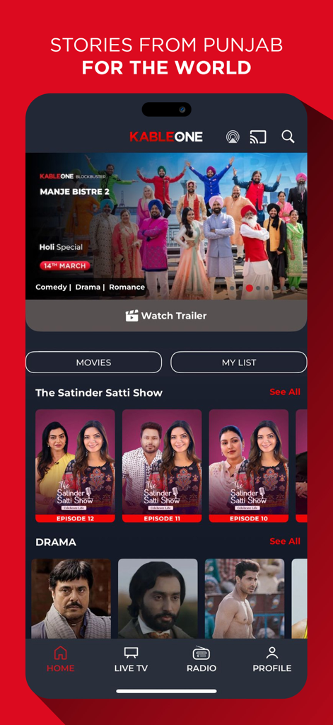 KableOne - Home of Punjabi OTT - The home screen of KableOne app showing Punjabi movies and shows