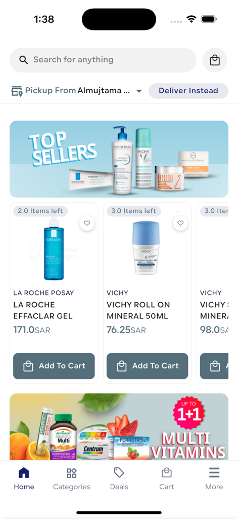 Al Mujtama Pharmacy - Al Mujtama Pharmacy app interface showing skincare top sellers and vitamin promotions