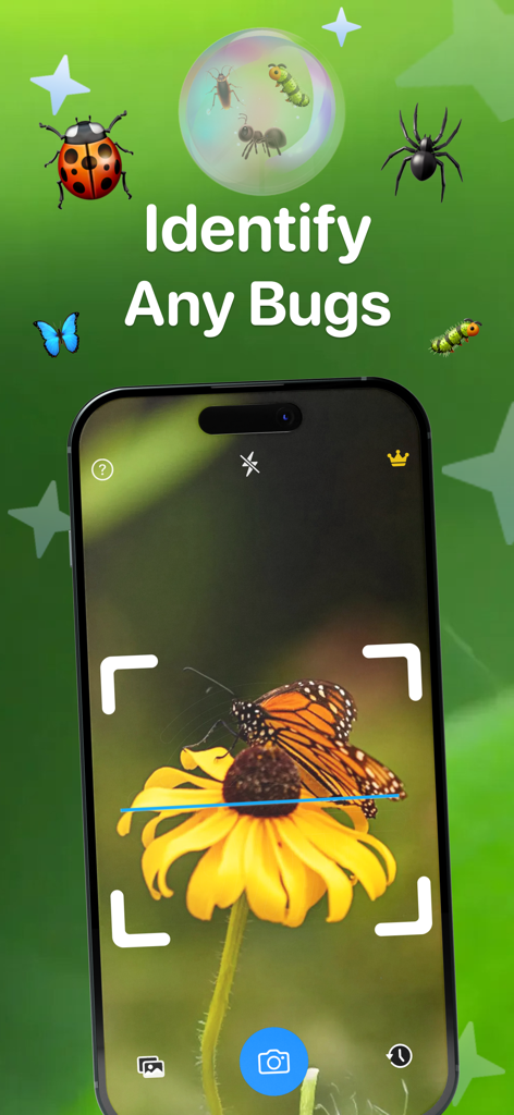 Interfaz de la aplicación móvil Bug Finder Identifier mostrando una mariposa siendo escaneada para su identificación
