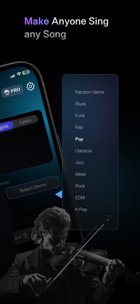 Interface do aplicativo móvel mostrando uma lista de gêneros musicais para geração de músicas AI, incluindo Pop Rap e EDM.