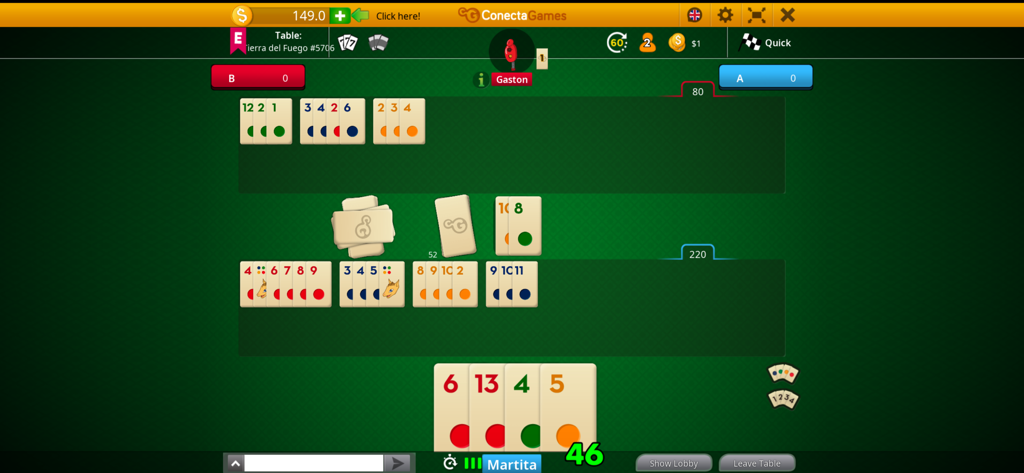 Burako - A multiplayer match of Burako showing numbered tile combinations on a green virtual table.