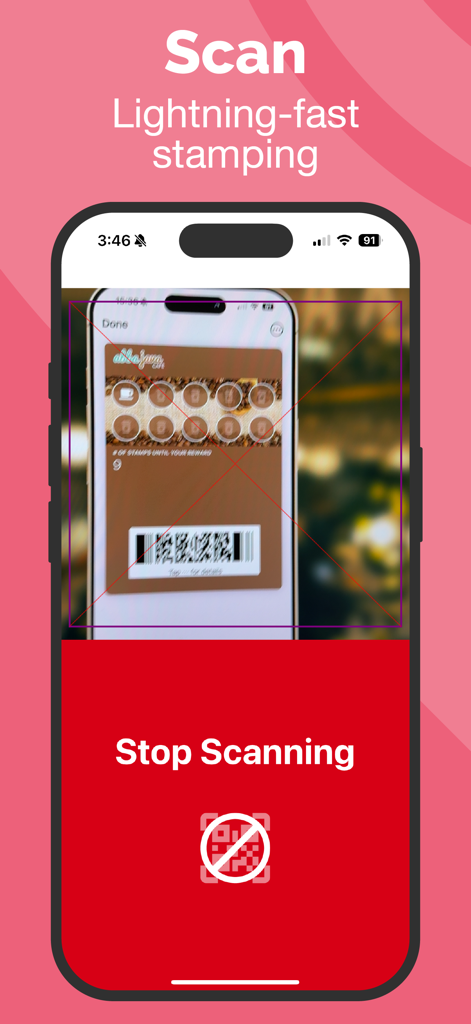 Loopy Loyalty Stamper app scanning a digital loyalty card barcode on a smartphone