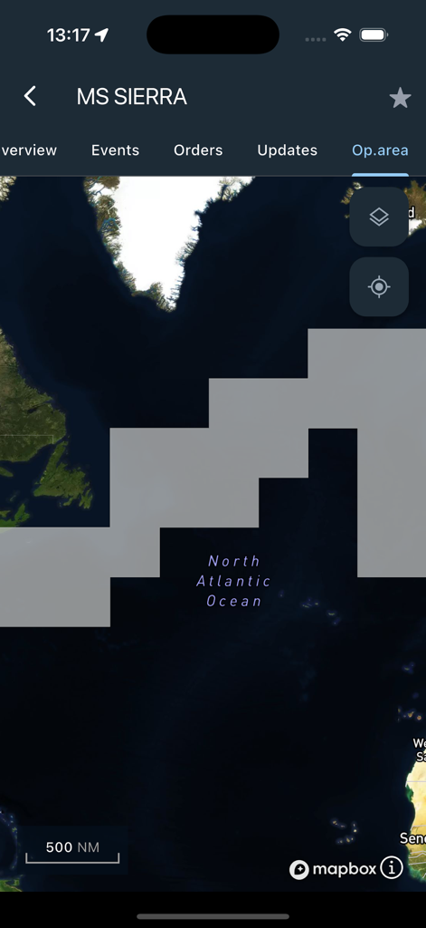 NAVTOR NavFleet - Kartenansicht des Nordatlantiks, die das Einsatzgebiet für das Schiff MS SIERRA zeigt.