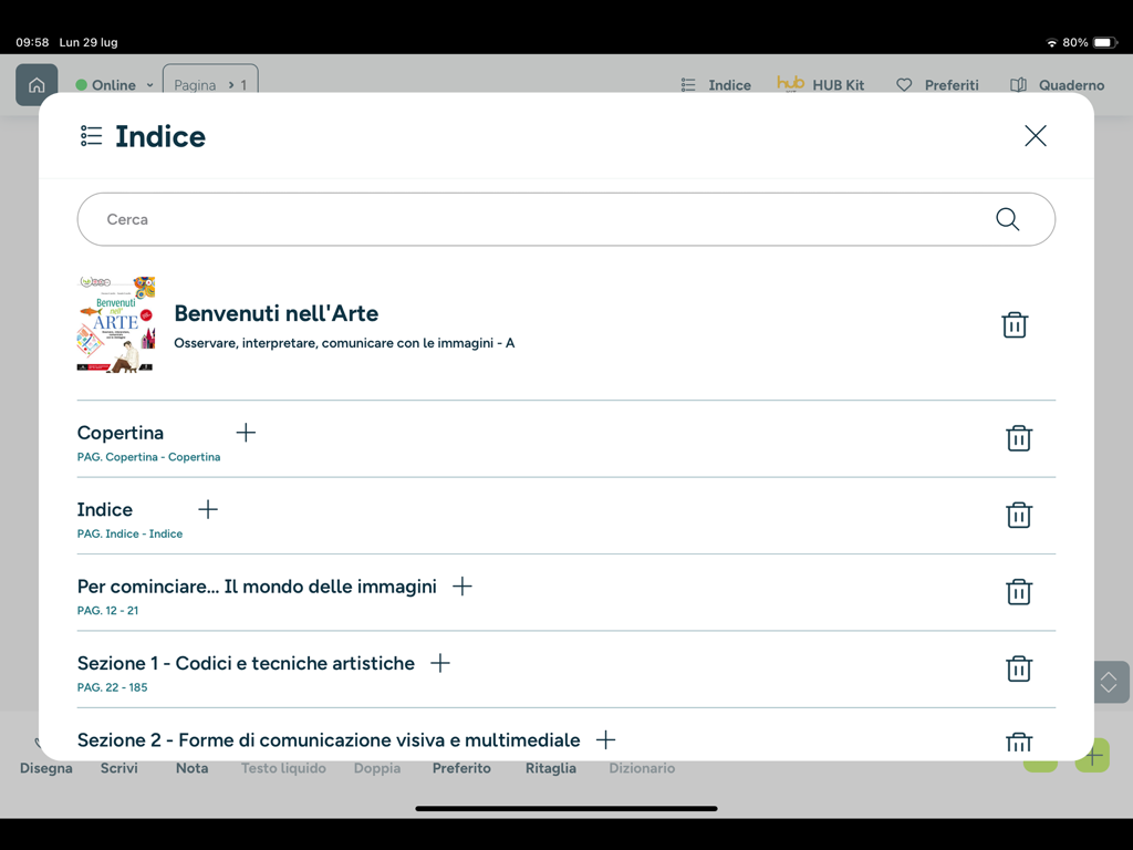 HUB Young - HUB Young iPad app displaying the interactive table of contents for an Italian digital textbook.