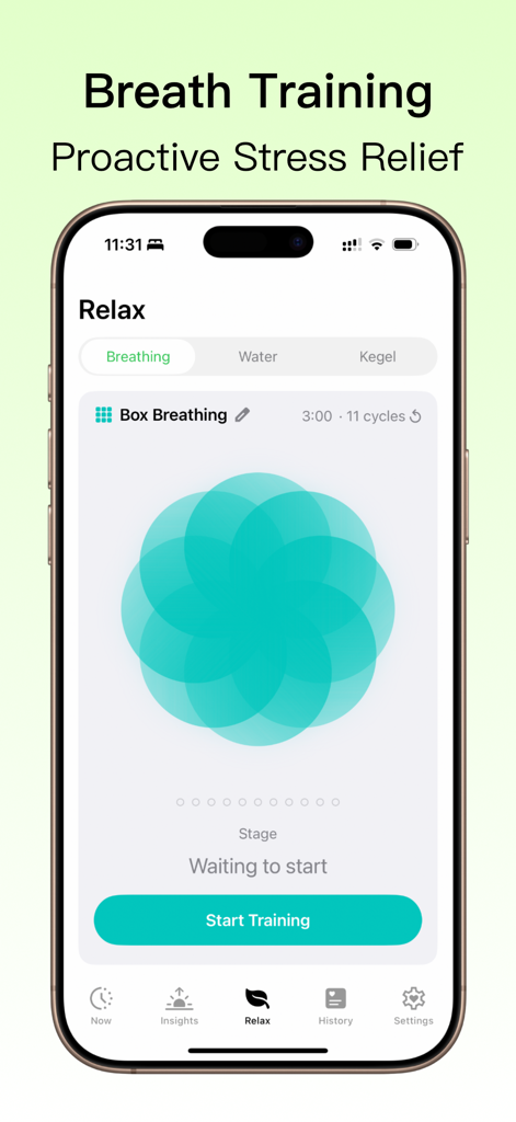StressBook app screen showing box breathing exercise for stress relief