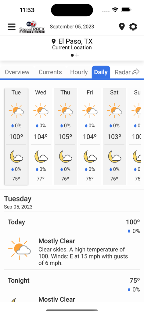 ABC-7 KVIA Weather & Traffic - ABC-7 KVIA Weather app daily forecast screen for El Paso showing temperatures over 100 degrees