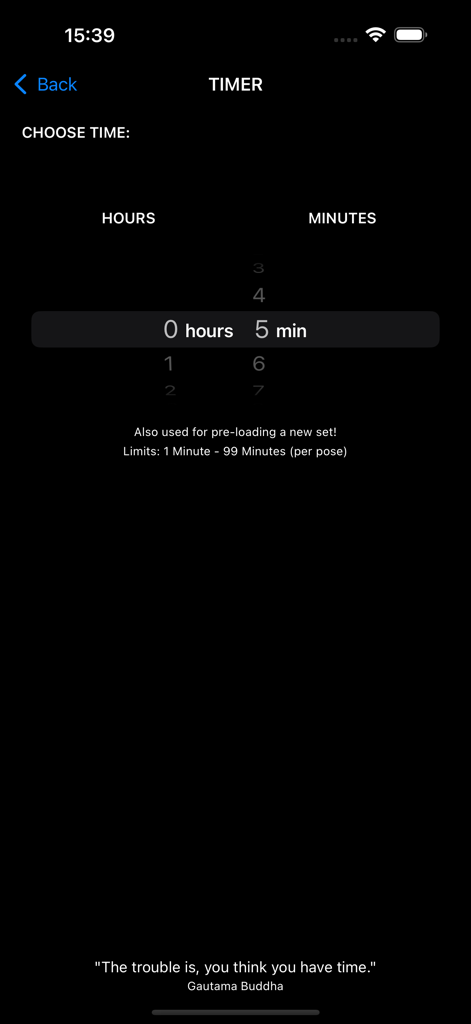 Yoga Timer - A screenshot of the Yoga Timer app showing a scroll picker interface to select the duration for a yoga pose.