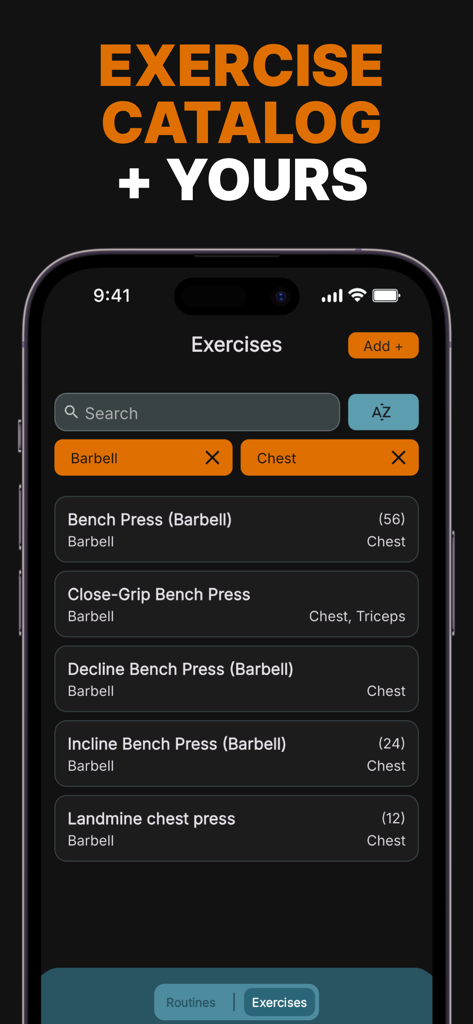 Gym log - Strive - Strive gym log app interface showing a searchable exercise catalog with active filters for barbell and chest workouts.