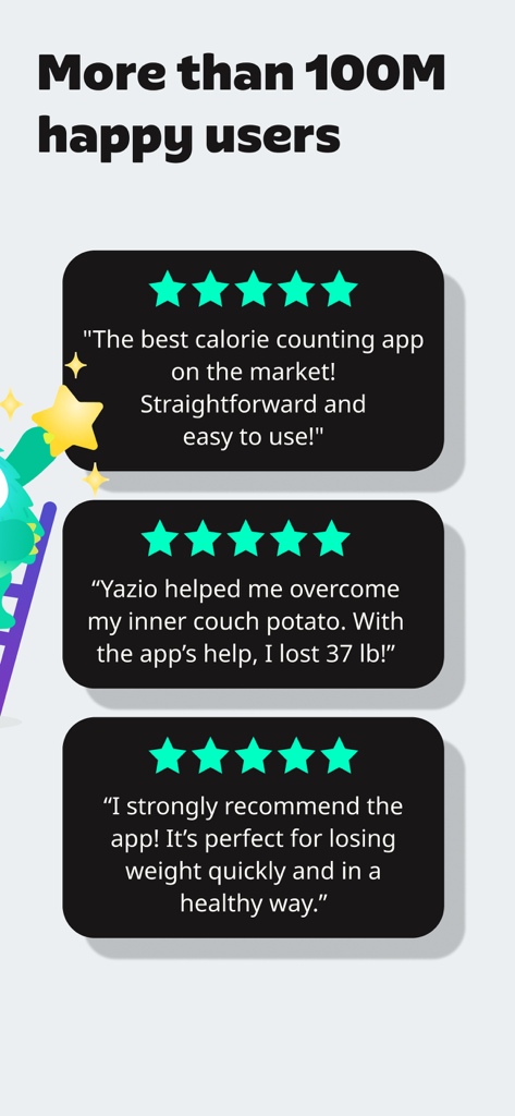 Three positive five star user reviews for the Yazio calorie tracker app mentioning weight loss and ease of use.