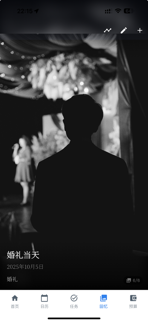 A black and white silhouette photo of a groom on his wedding day displayed within the memories timeline of the Wedding Initiation mobile app.