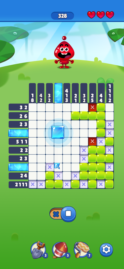 Nonogram Crossing Logic Puzzle - Gameplay von Nonogram Crossing, das ein buntes Logikrätselgitter mit einem niedlichen Charakter zeigt.