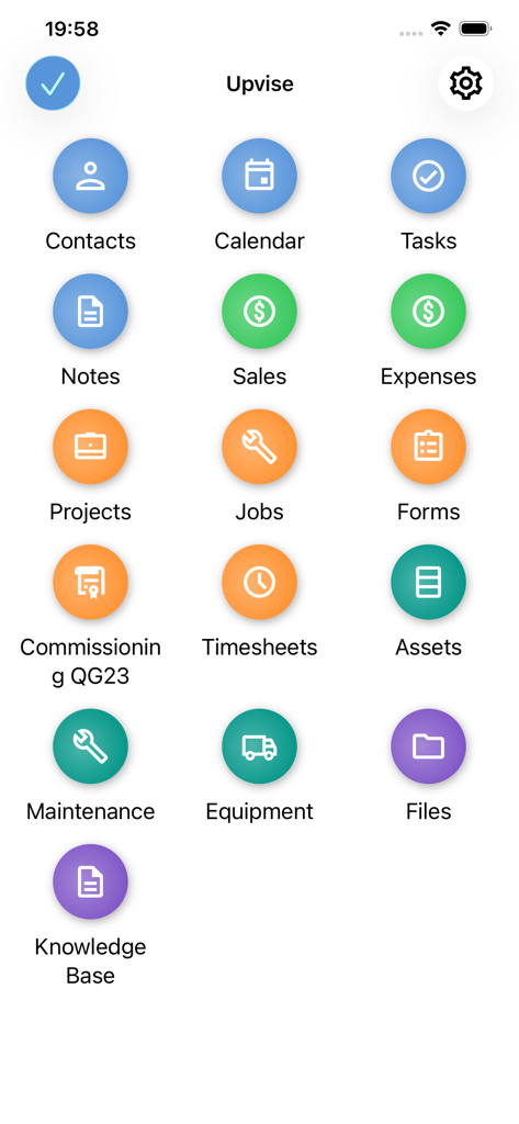 Main menu of the Upvise app displaying a grid of colorful icons for Contacts, Calendar, Tasks, Sales, and Field Jobs.